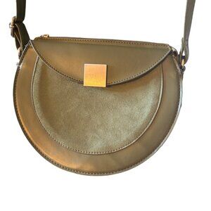 Olive Green Faux Leather Suede Crossbody Bag w/ Gold-Tone Square Clasp Accent